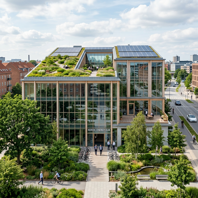 Energieffektiv kontorbygning med grønt tag og solceller i Danmark