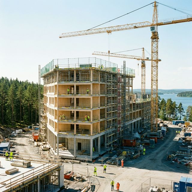 Byggeplads med kran og arbejdere