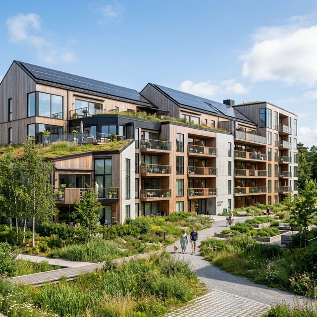Svanemærket boligkompleks med grønt tag og solceller